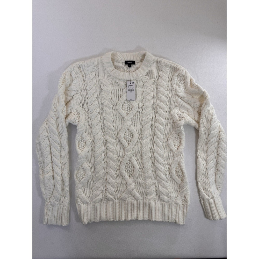 Express Mens Relaxed Cable Knit Cotton Blend Sweater XS Ivory Preppy NWT